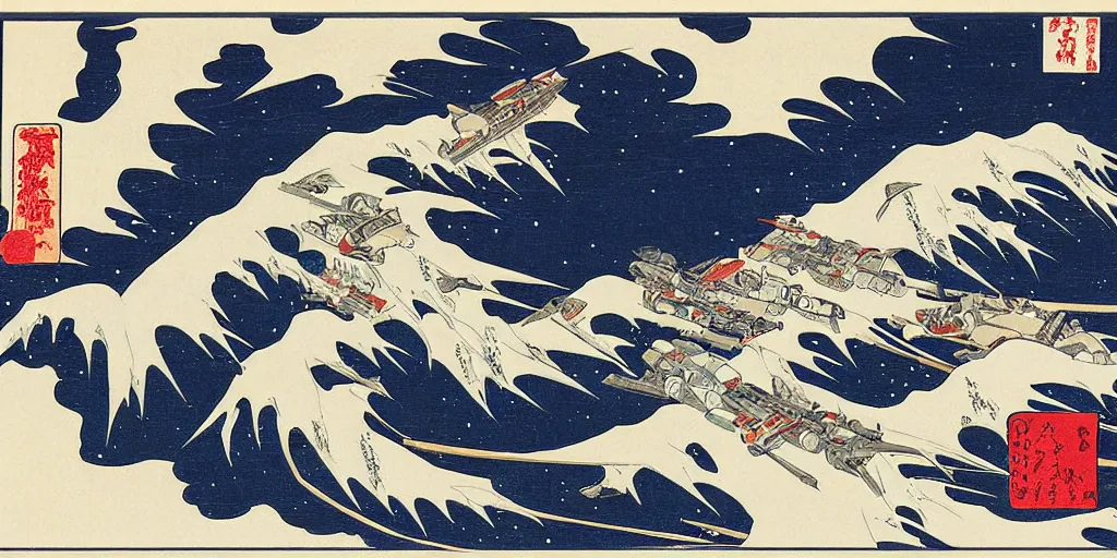 Image similar to space battle dogfight with famous fictional craft in style of katsushika hokusai, highly detailed, woodblock print
