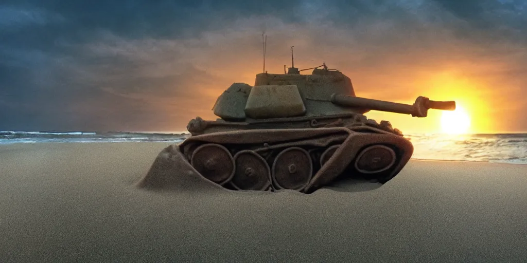 Prompt: deadly dangerous headcrab on the sand beach in the last rays of evening sun trying to eat soviet belarus tank, high detailed scene from ridley scott movie