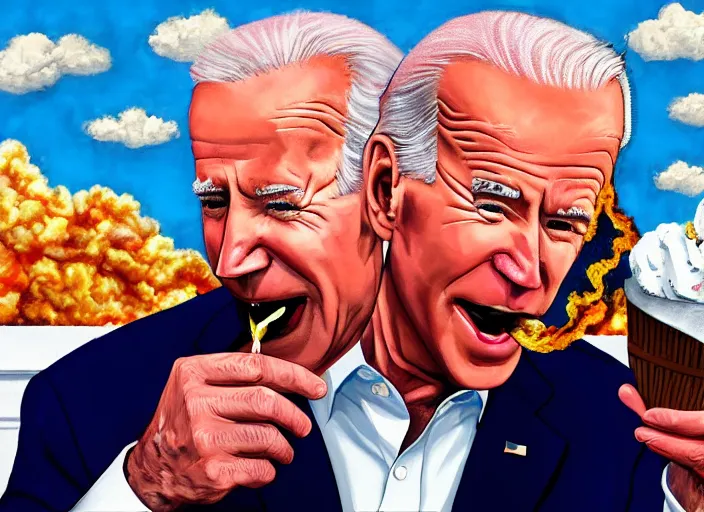 Prompt: cinematic close up of joe biden eating an ice cream with the whitehouse on fire behind him artwork by greg rutowski, 4 k, masterpiece