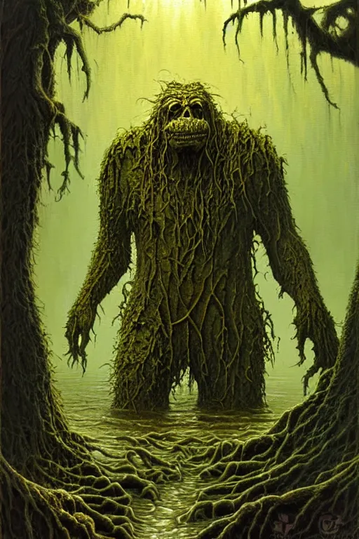 Prompt: classic oil painting, a muddy swamp monster, as a dnd character, emerging from the dirty swamp lake, cottagecore, highly detailed, digital illustration, concept art, smooth, sharp focus, art by tim hildebrandt, and greg hildebrandt