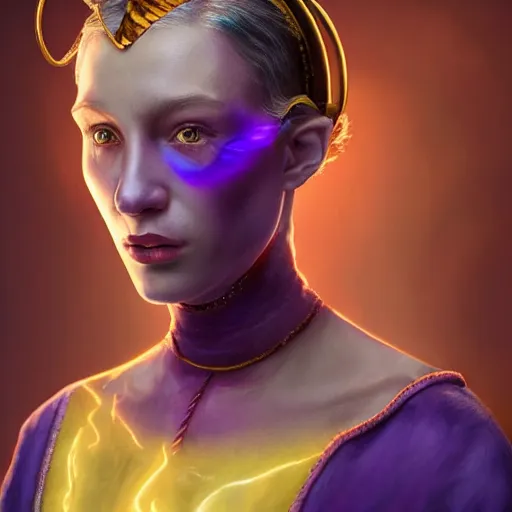 Image similar to A professional digital portrait painting of a young adult female tiefling sorcerer with skin made of fire, dressed in light armor, 4k, digital art, trending on cgsociety, renaissance painting, highly detailed, head and shoulders shot, shallow depth of field, purple and yellow lighting, professional lighting, The Grand Budapest Hotel, airbrush, Hayao Miyazaki