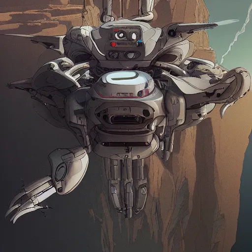 Prompt: a detailed robotic ghost in the shell like drone flying above the great canyon, light rays, deep detailed rocks, cartoon style, concept art, illustration style, by leonardo da vinci, rtx hdr