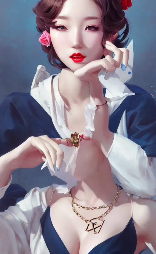 Image similar to a pin up and beautiful fashion charming dreamlke korea girl with lv jewelry, character art, art by artgerm lau and kyoung hwan kim and and ilya kuvshinov and john singer sargent, hyperdetailed, 8 k realistic, symmetrical, frostbite 3 engine, cryengine, dof, trending on artstation, digital art