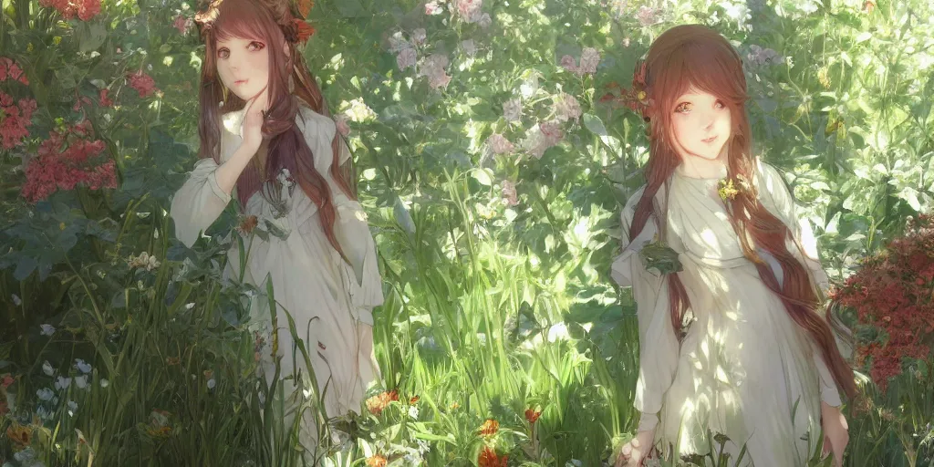 Image similar to a digital art of a loli with long hair in a dress in the privet garden at after noon, green and warm theme, by krenz cushart and mucha and akihito yoshida and greg rutkowski, detailed eyes, 4 k resolution 、 trending on art station