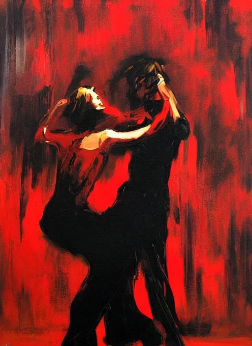 Prompt: tango dancerin in black and red dress, painting by phil hale, fransico goya,'action lines '!!!, graphic style, visible brushstrokes, motion blur, blurry, visible paint texture, crisp hd image