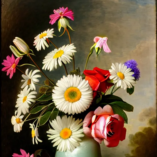 Image similar to a still life of a vase of flowers with a mix of roses daisies and lilies.