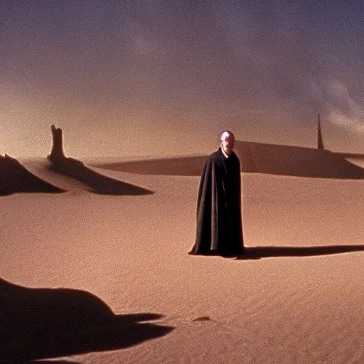 Prompt: film still of young alec guiness as a jedi in new star wars movie, dramatic lighting, highley detailled face, kodak film, wide angle shot, desert landscape