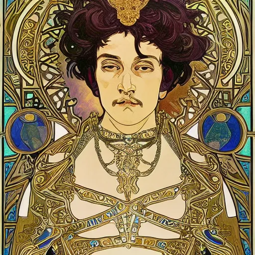 Prompt: an ornate white and gold acrylic painting of a roman emperor, in the style of alphonse mucha