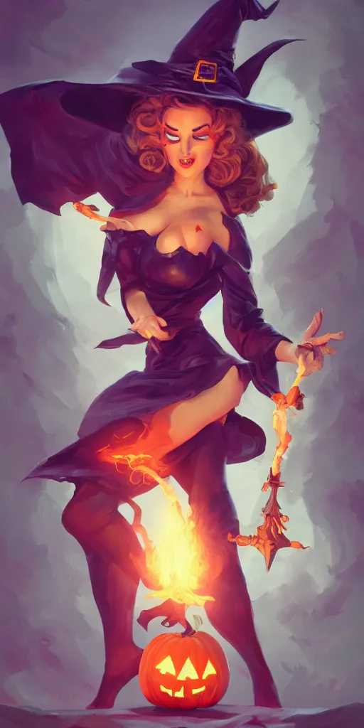 Prompt: pinup of a witch casting a mysterious spell, summoning a spirit of ancient power, by Jeff Simpson and Simon Bisley, deviant art, artstation, tarot, wearing pants 🎃