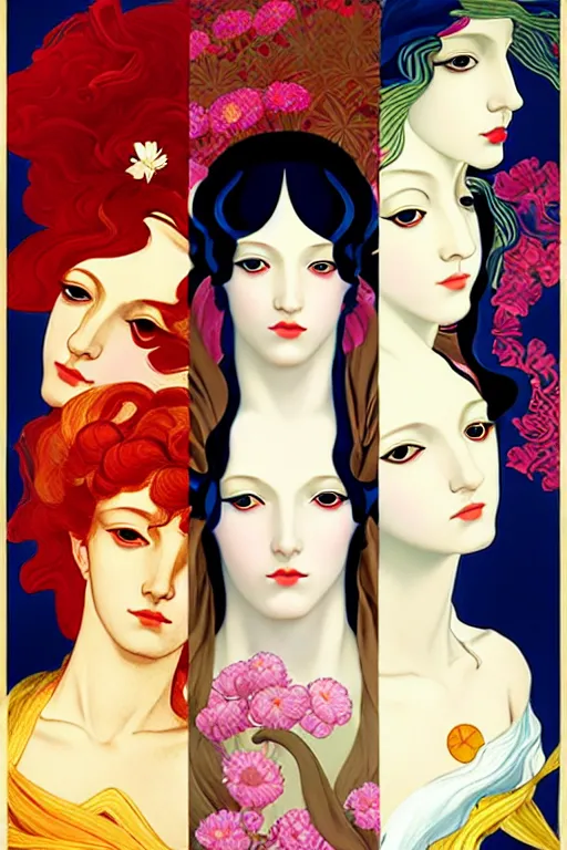 Prompt: 3 Summer Deities, (representing the 3 months June, July, and August), in a style blending Æon Flux, Peter Chung, Shepard Fairey, Botticelli, Ivan Bolivian, and John Singer Sargent, inspired by pre-raphaelite paintings, shoujo manga, and cool Japanese street fashion, dramatically lush flora and fauna, warm vivid high contrast color scheme, hyper detailed, super fine inking lines, ethereal and otherworldly, 4K extremely photorealistic, Arnold render