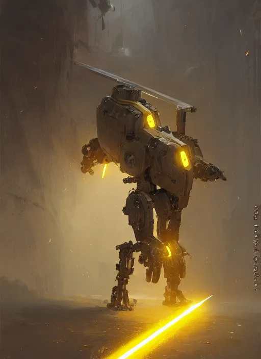 Prompt: human-sized strong intricate yellow pit droid carrying paladin medieval greatsword, pancake short large head painterly humanoid mecha, by Greg Rutkowski