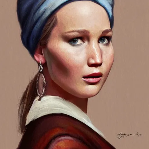 Prompt: portrait of Jennifer Lawrence in the style of Girl with a Pearl Earring by Johannes Vemeer, oil painting, masterpiece, old master, grand master, symmetrical facial features, intricate, elegant, digital painting, concept art, smooth, sharp focus, illustration