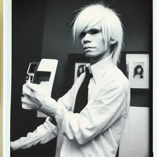 Image similar to Polaroid Portrait of Andy Warhol doing anime cosplay, taken in the 1970s, photo taken on a 1970s polaroid camera, grainy, real life, hyperrealistic, ultra realistic, realistic, highly detailed, epic, HD quality, 8k resolution, body and headshot, film still, front facing, front view, headshot and bodyshot, detailed face, very detailed face