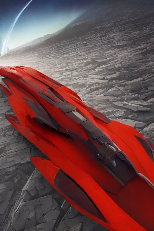 Image similar to professional photograph of a beautiful neo - futuristic simplified symmetrical space fighter docked on a desert plateau by ilm, denis villeneuve, emmanuel shiu, zaha hadid, vapor, cinematic architectural scale, red paint detail, manga, dramatic, volumetric, concept art, hard surface, hyperrealism, high detail, trending on artstation, sharp focus, rendered in octane