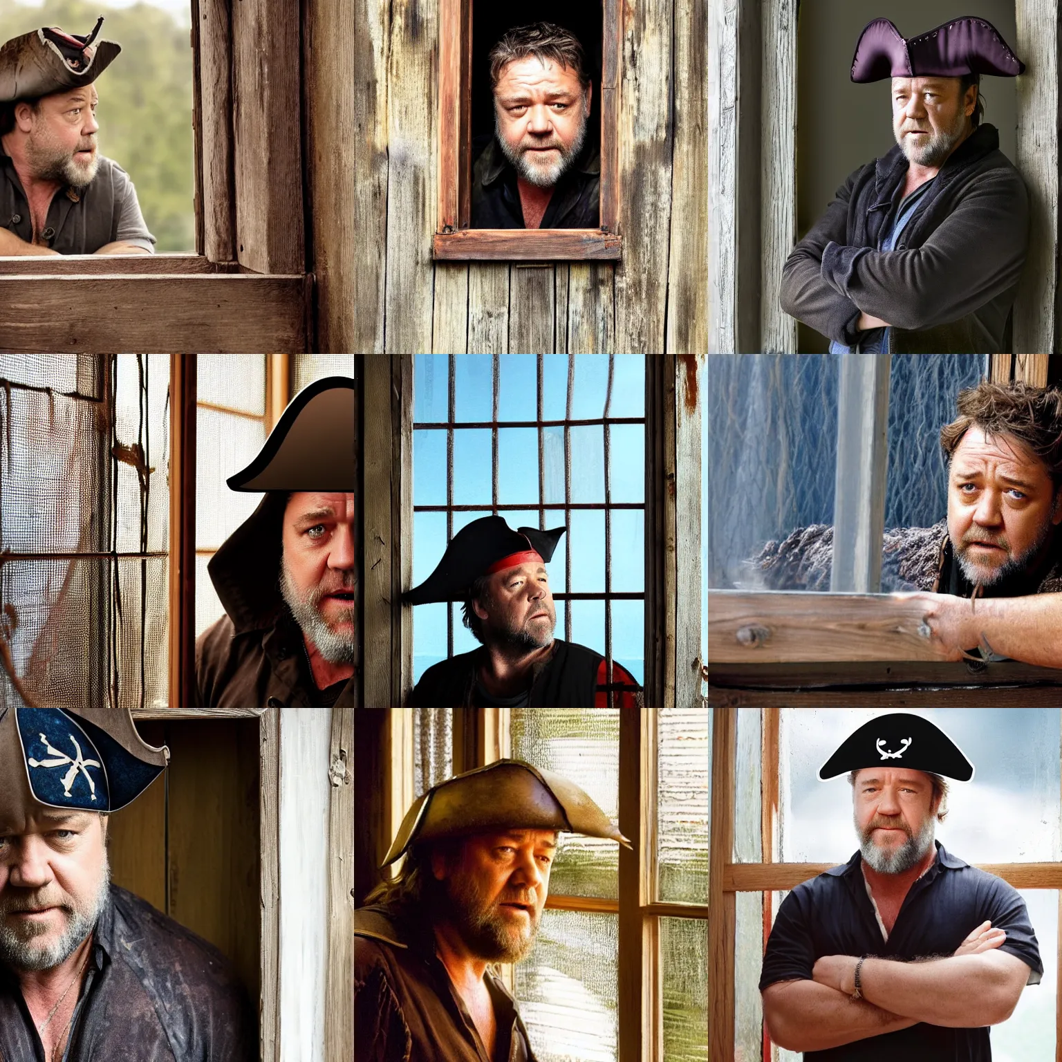 Prompt: russell crowe wearing a too large silly pirate hat behind a dirty window and wooden wall staring out