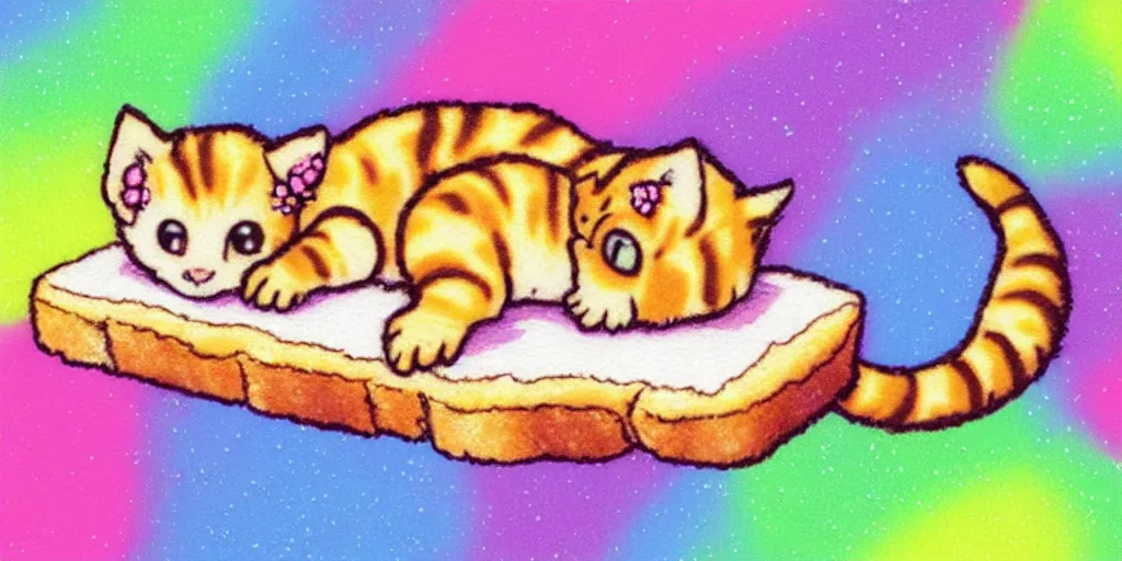 Prompt: a tiny kitten sleeping on a slice of bread, puffy sticker, glitter sticker, kawaii by studio ghibli, by lisa frank 8 k pastel colours, isometric, smeared watercolours,