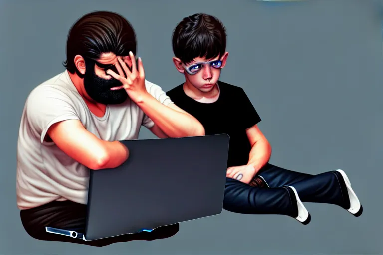 Prompt: hangover man sitting with laptop and sad crying kid staying near the man. high detail, trending on artstation. artgerm