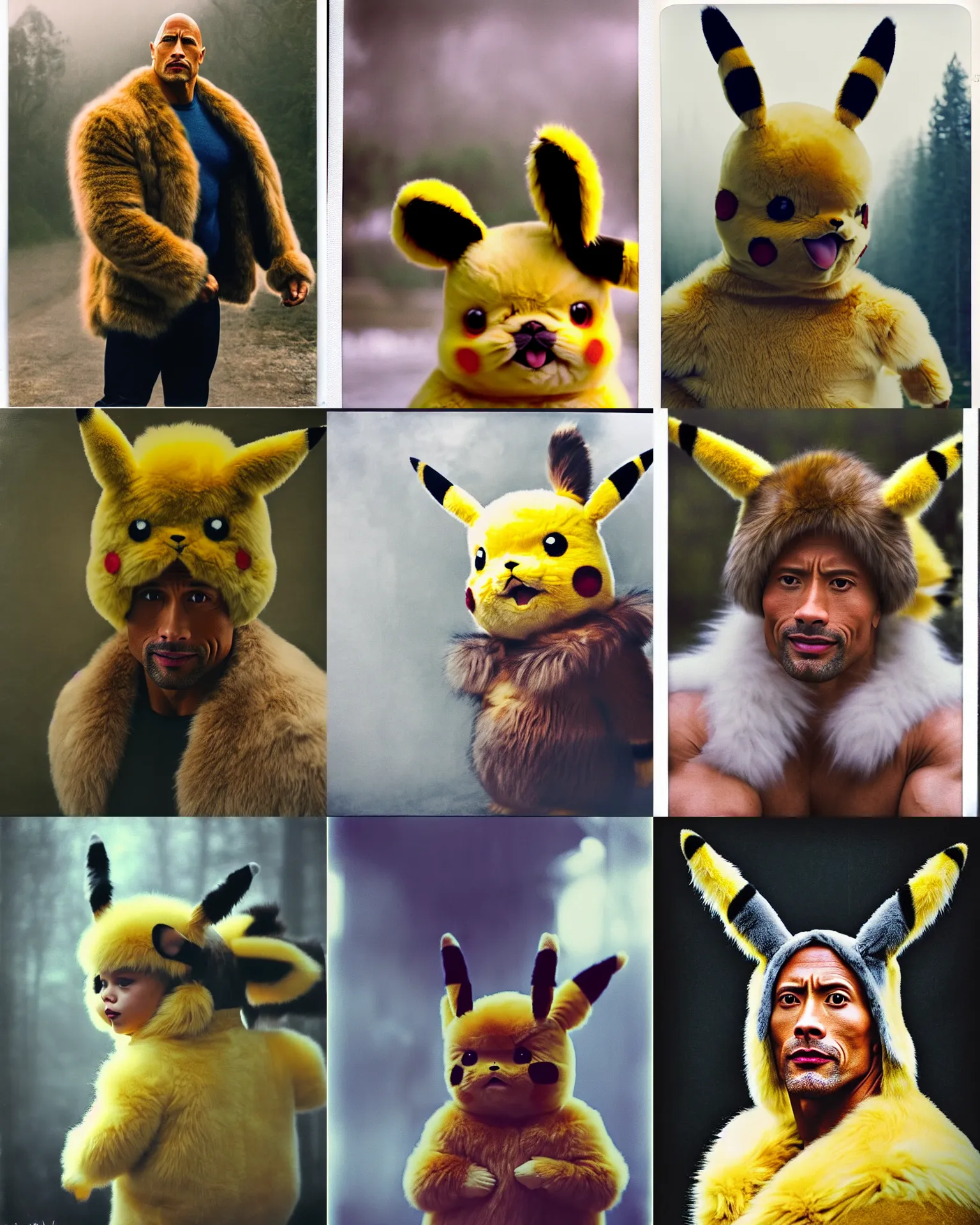 Prompt: Dwayne Johnson wearing pikachu fur costume with big ears , Cinematic focus, Polaroid photo, vintage, neutral colors, soft lights, foggy, mist, by Steve Hanks, by Serov Valentin, by lisa yuskavage, by Andrei Tarkovsky