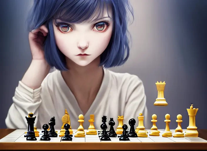 Image similar to a pale ilya kuvshinov playing chess, with gold eyes, straight hair, sky blue hair, long bangs, high collar, concept art, award winning photography, digital painting, cinematic, by wlop, anime key visual, wlop, 8 k, by ross tran, tom bagshaw, andy warhol