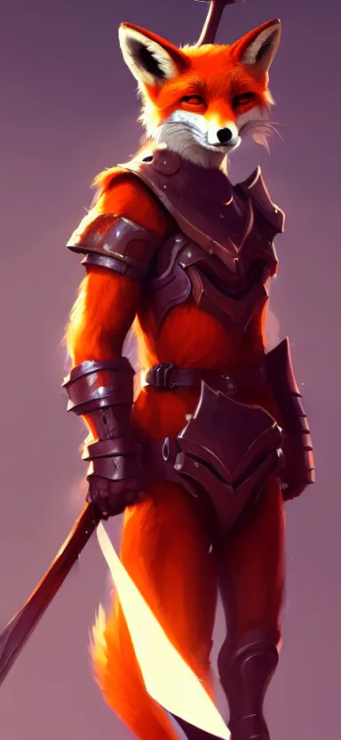 Image similar to a league of legends concept art of an anthropomorphic red fox in a body armor holding a sword, front view, artstation, digital art, oc commission, style by jordan grimmer and greg rutkowski, 4 k resolution