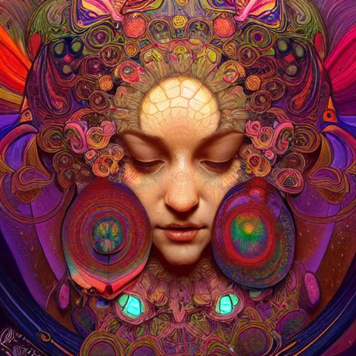 Prompt: An extremely colorful psychedelic experience, warping time and space, magic mushrooms, psilocybin, LSD, face, detailed, intricate, elegant, highly detailed, digital painting, artstation, concept art, smooth, sharp focus, illustration, art by Krenz Cushart and Artem Demura and alphonse mucha