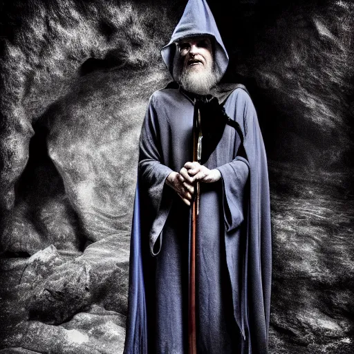 Prompt: a wizard, with a magic staff in his hands and a blue cape around him, inside a cave, he tries to cast a magic spell, but he failed and he frustrated. the background is inside the cave, black and white, mystic, fantasy, magic, award winning photography, hdr, studio lighting medium close shot, mucha style,