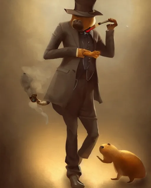 Image similar to oil painting of anthropomorphized capybara holding a smoking pipe, detective clothes, close shot, full body, dark steampunk mine shaft background, sharp focus, fantasy style, octane render, volumetric lighting, 8k high definition, by greg rutkowski, highly detailed, trending on art Station, dungeons and dragons artwork, centered