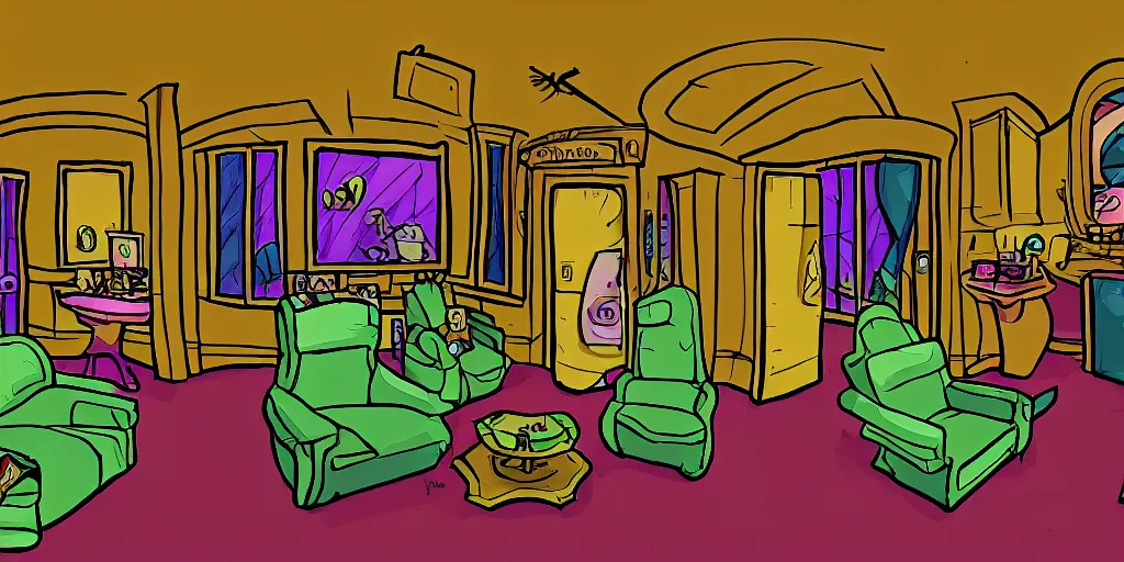 Image similar to a dimly lit, theater dressing room, with a mirror, a chair, a couch, day of the tentacle style, drawn by Peter Chan, fish eye