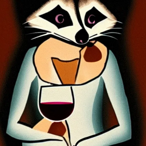 Image similar to a racoon wearing an elegant night gown holding a cup of wine