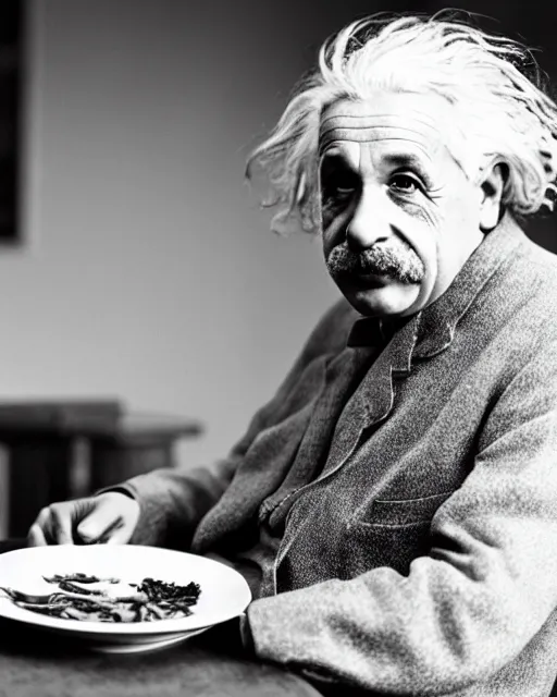 Image similar to a portrait of albert einstein sitting at the dining table with a plate containing manchurian in front of him, highly detailed, trending on artstation, bokeh, 9 0 mm, f / 1. 4