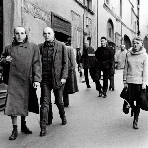 Prompt: Ingmar Bergman walking in Bologna