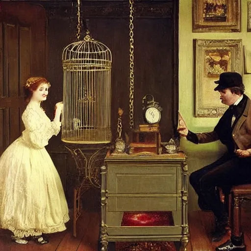 Image similar to young victorian woman solving an escape room riddle, while young victorian man is trapped in a cage, painted by alfred stevens