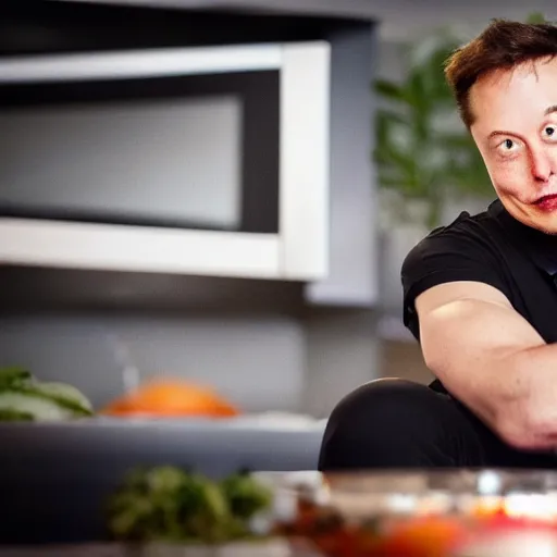 Prompt: picture of elon musk watching tv while cooking a meal, good lighted photo, sharp details, detailed, hd, hdr