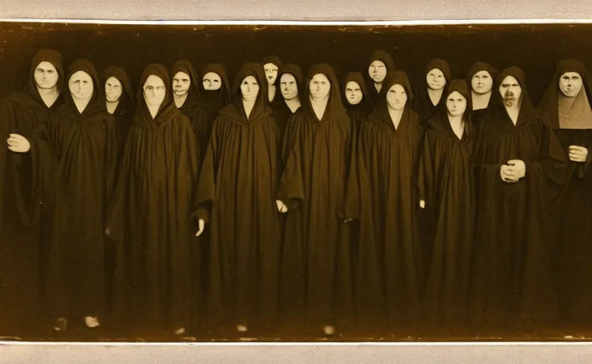 Image similar to a old daguerreotype photo of a group of cultists, wearing robes, wearing hoods, on a pilgrimage to hell, grainy, old photo, golden ratio, scary, horror photography, 5 0 mm lens, f 1. 8