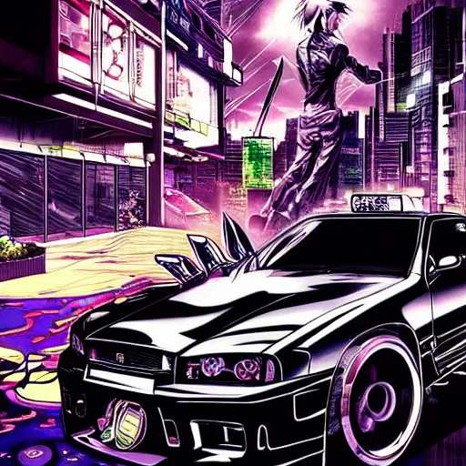 Prompt: beautiful hyper-detailed full colour manga illustration of an evil robot with a sword, slicing a Nissan skyline r34, cyberpunk, car wreck, neon
