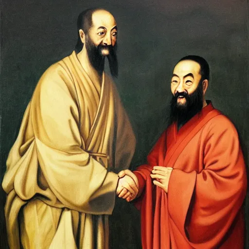 Prompt: Aristotle and Confucius shaking hands, oil painting, by Rafael, 4k,