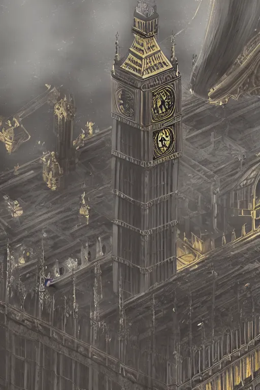 Image similar to photography of a hyghly detailed ghost pirate ship flying above big ben. london. intricate, hyper realism, professional digital art, unreal engine 5, 8 k render, sharp focus, trending on art station.