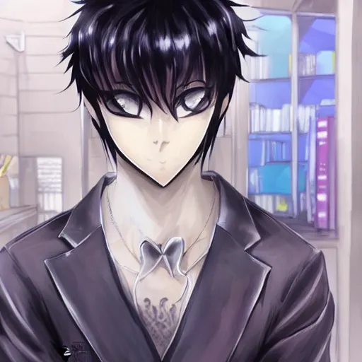 Image similar to aloof anime man with emo hair wearing jock clothes, standing in headmistress's office, smug grin, smug expression, punchable expression, punchable face, sharp details, subsurface scattering, intricate details, art by artgerm, anime, anime hd wallpaper, 2 0 1 9 anime screenshot