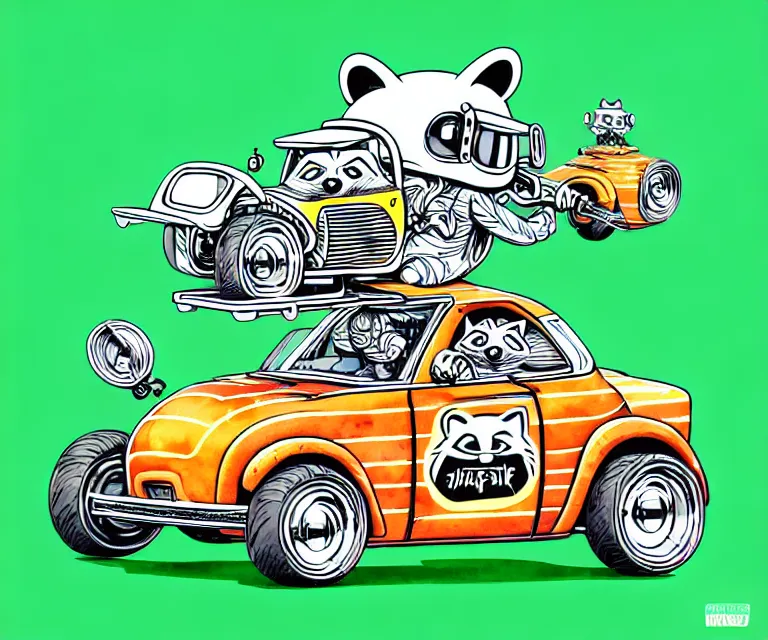 Prompt: cute and funny, racoon wearing a helmet, riding in a tiny hot rod with oversized engine | ratfink style by ed roth, centered award winning watercolor pen illustration, isometric illustration by chihiro iwasaki, edited by range murata, tiny details by artgerm, symmetrically isometrically centered