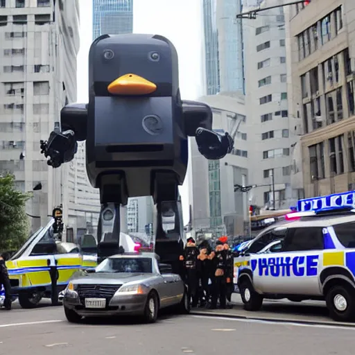 Prompt: giant duck shaped robot surrounded by police cars