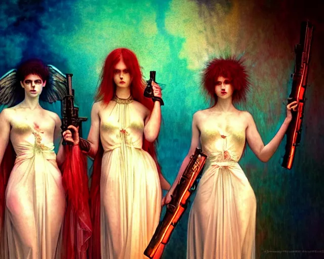 Image similar to three soldiers with beautiful angelic faces, wearing psychedelic wicca, in wedding dresses, red neon weapons, full body, dark and mysterious, atmospheric, ominous, eerie, cinematic light, epic, 8 k 3 d, ultra detail, ultra realistic, by wlop, by mucha, by giger