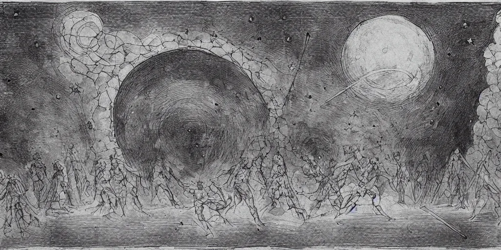 Prompt: house in the wood, around crowd of people with swords, lances and fireballs fighting against black cosmic werewolves jumping from portal from another universe, portal looks like a hole-mirror in the middle sky full of stars, a lot of tears and fear of dying, a lot of eyes wathing the action, epic scene, endless war, inspire by william blake, andrei tarkovsky, artwork by jakub rozalski, cinematic, monochrome, high contrast, like in museum, details, outlines, bright colors, 4k render, future rendering, fashion magazine effects, beautiful light