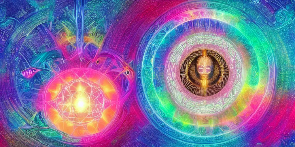 Image similar to transcendence into collaborative intelligence, endless collaboration with ai, connectedness, body, by alex grey, album cover, award winning, beautiful, colorful, volumetric lighting, trending on artstation, cinematic