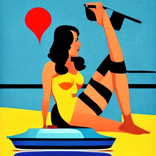 Prompt: retro poster with a painting of a woman in a bathing suit sitting on a boat, an art deco painting by tom whalen, trending on behance, art deco, digital illustration, storybook illustration, art deco, flat shading, vector art, airbrush