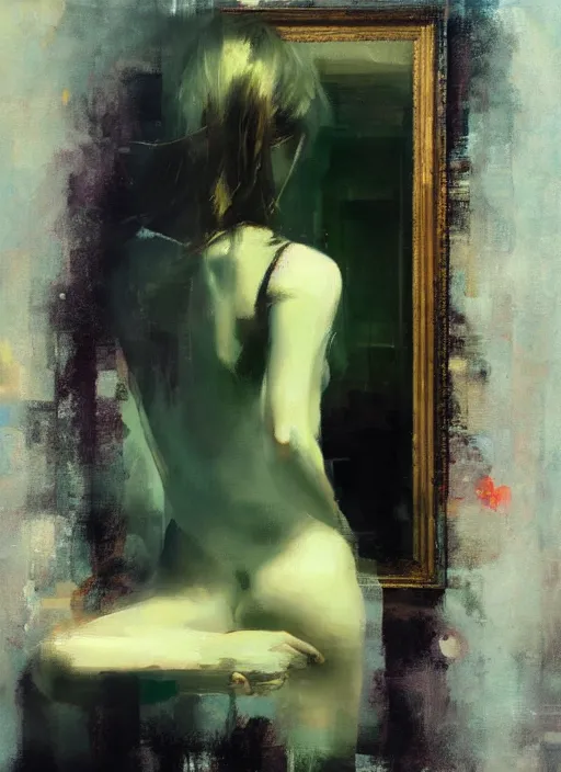 Prompt: a beautiful glitched painting by christian hook of a woman in a bathroom, brushstrokes by jeremy mann, still life, dark colors