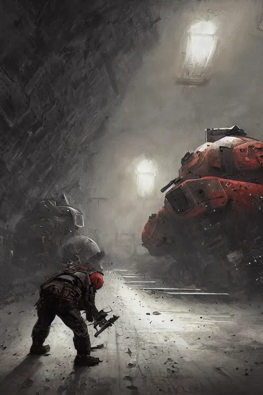 Prompt: Soviet heavy armed liquidator fights against mutant in industrial tunnels by jakub Różalski