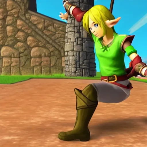 Prompt: linkle doing the splits, ingame screenshot from zelda