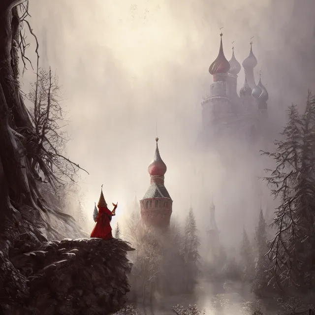 Image similar to russian folk fairytale, story, fable, dramatic, fantasy art, matte painting, an ultrafine detailed painting, academic art, ornate, inticate, elegant, sharp focus, artstation, by pavel korin, viktor vasnetsov, greg rutkowski