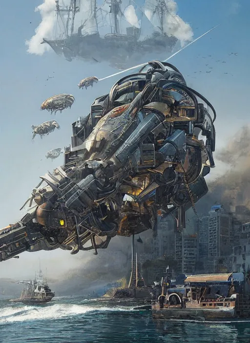 Image similar to hyper realistic robot attacking cape town city harbor beautiful details, strong composition, poster painted by weta studio rutkowski, james gurney and greg rutkowski, and lucasfilm