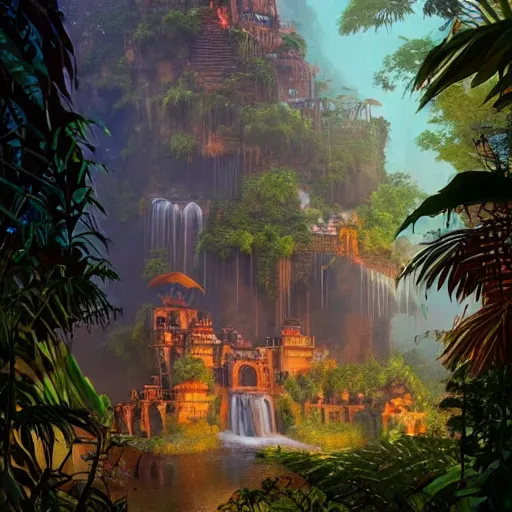 Image similar to aztec jungle village, ornate, beautiful, atmosphere, mist, vibe, smoke, beautiful, rain, reflection, pristine, puddles, waterfall, melting, dripping, wild look, mattepainting concept blizzard pixar maya engine splash comics global illumination lighting artstation, sharp focus, ilya kuvshinov, rossdraws